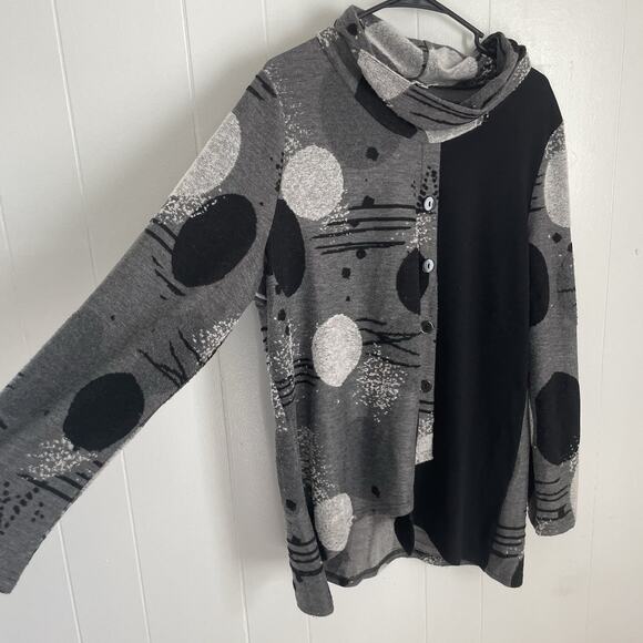 XXL Cowl Neck Tunic Top Gray Black Abstract Dot Print Lagenlook Art to Wear - Picture 3 of 9
